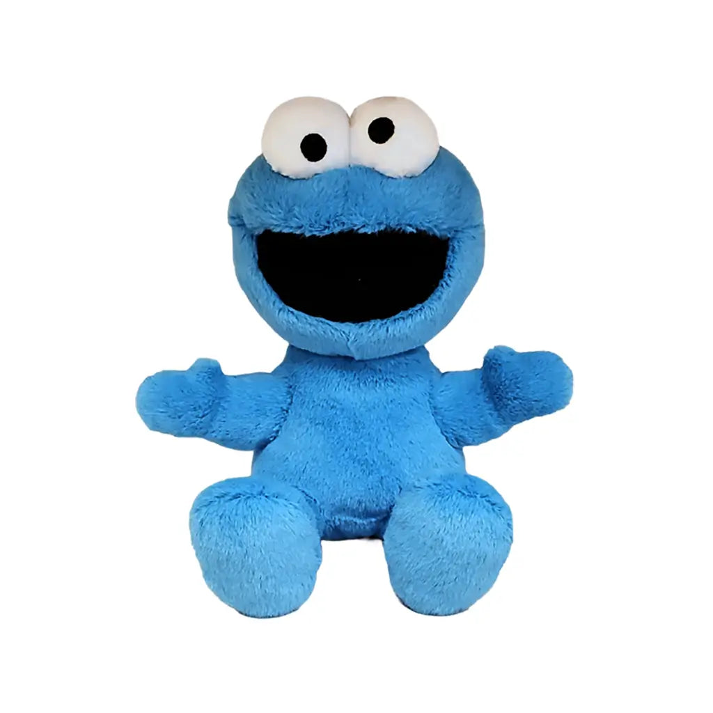 Sesame Street Cookie Monster plush toy in bright blue soft fabric with rounded character shape, featuring large white eyes, wide open black mouth, and outstretched arms, on a plain white background.