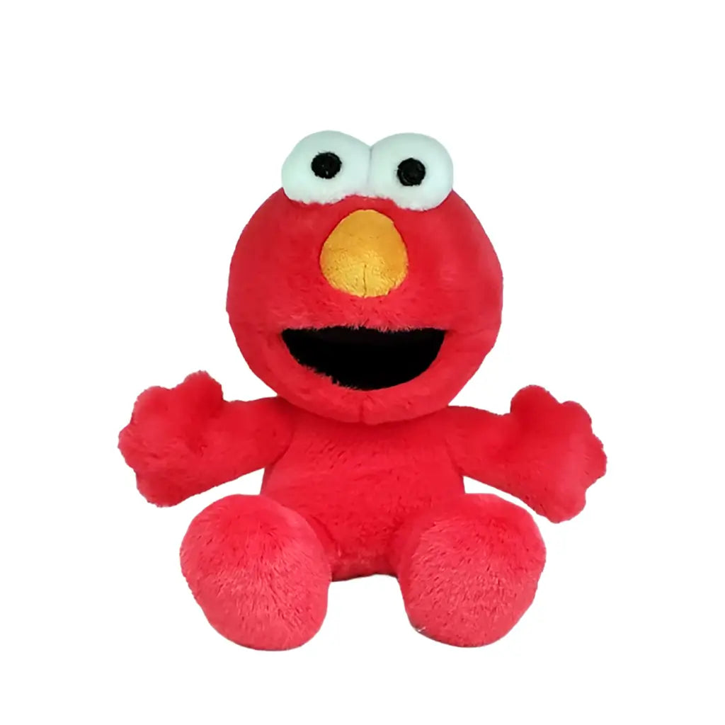 Sesame Street Elmo plush toy in bright red soft fabric with rounded character shape, featuring large white eyes, orange nose, and open smiling mouth, with outstretched arms, on a white background.