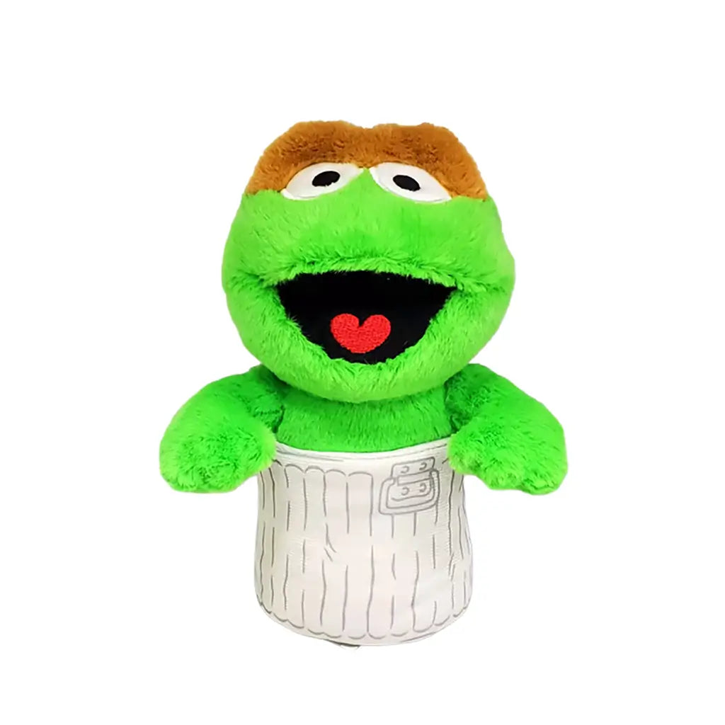 Sesame Street Oscar the Grouch plush toy in bright green soft fabric with rounded character shape, featuring brown eyebrows, open mouth with red tongue, and gray trash can base, on a white background.