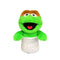 Sesame Street Oscar the Grouch plush toy in bright green soft fabric with rounded character shape, featuring brown eyebrows, open mouth with red tongue, and gray trash can base, on a white background.