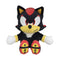 Sonic the Hedgehog Shadow plush toy in black and red soft fabric with yellow muzzle and accents, upright seated form with outstretched arms, red eyes and confident expression, plush on white