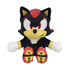 Sonic the Hedgehog Shadow plush toy in black and red soft fabric with yellow muzzle and accents, upright seated form with outstretched arms, red eyes and confident expression, plush on white