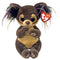 Ty Beanie Bellies Toffee dog plush toy in dark brown and tan fuzzy fabric with rounded soft body shape, featuring large gold glitter eyes, floppy ears with multicolor strands, stitched nose, and paw pad details on a white background.