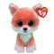 Ty Beanie Boos Vixen fox plush toy in orange and white fuzzy fabric with rounded body, featuring large pink glitter eyes, pointed ears, stitched nose, and white chest and paws on a white background.