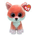 Ty Beanie Boos Vixen fox plush toy in orange and white fuzzy fabric with rounded body, featuring large pink glitter eyes, pointed ears, stitched nose, and white chest and paws on a white background.