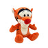Disney Tigger plush toy in bright orange soft fabric with rounded tiger shape, shown at an angled view with black stripes, cream muzzle and belly, red nose, and stitched eyes, on a white background.