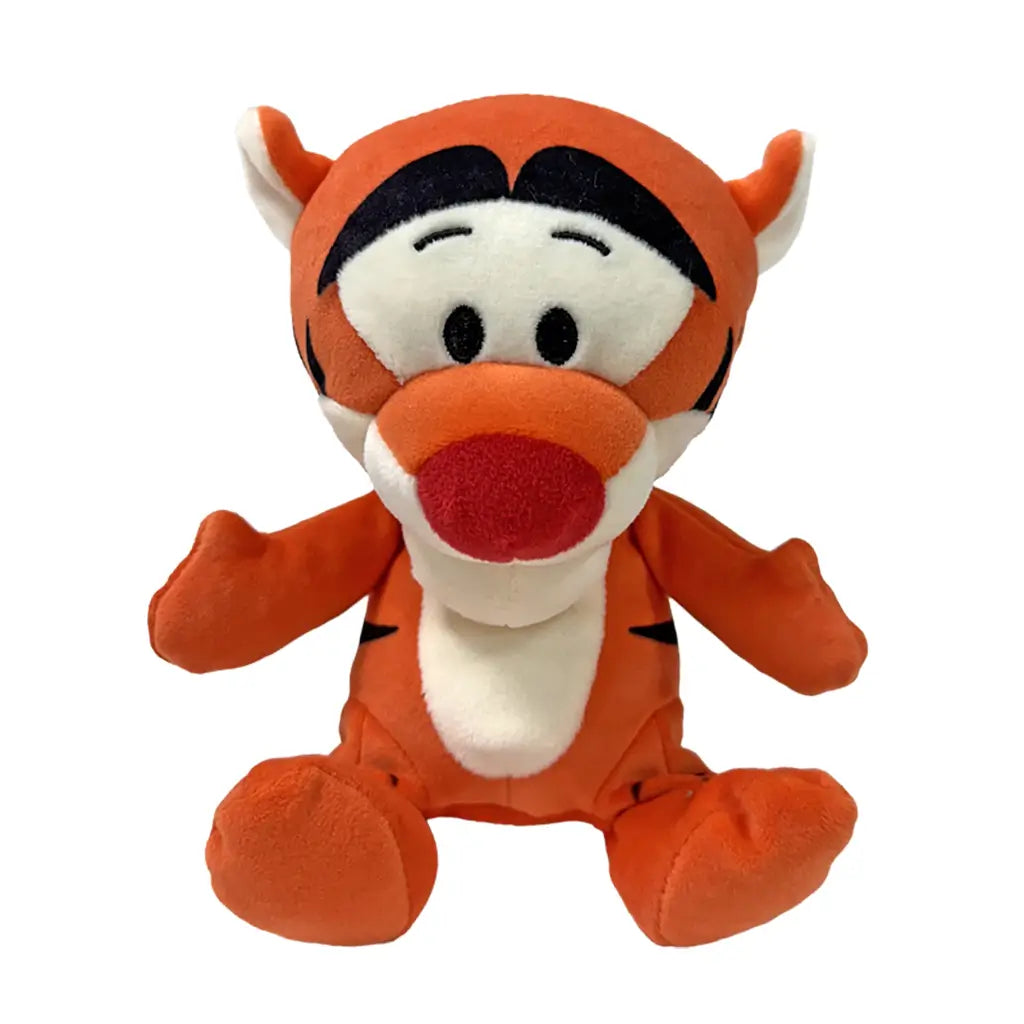 Disney Tigger plush toy in bright orange soft fabric with rounded tiger shape, featuring black stripes, cream muzzle and belly, red nose, and stitched eyes, displayed on a plain white background.