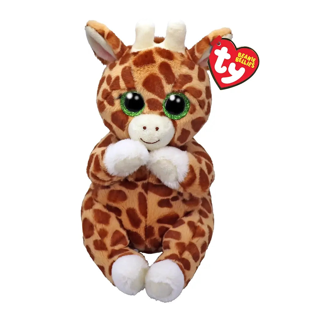 Brown spotted giraffe plush toy with white hooves, soft beige muzzle, green glittery eyes, and a playful seated pose, designed as a Ty Beanie Bellies collectible named Tippi.