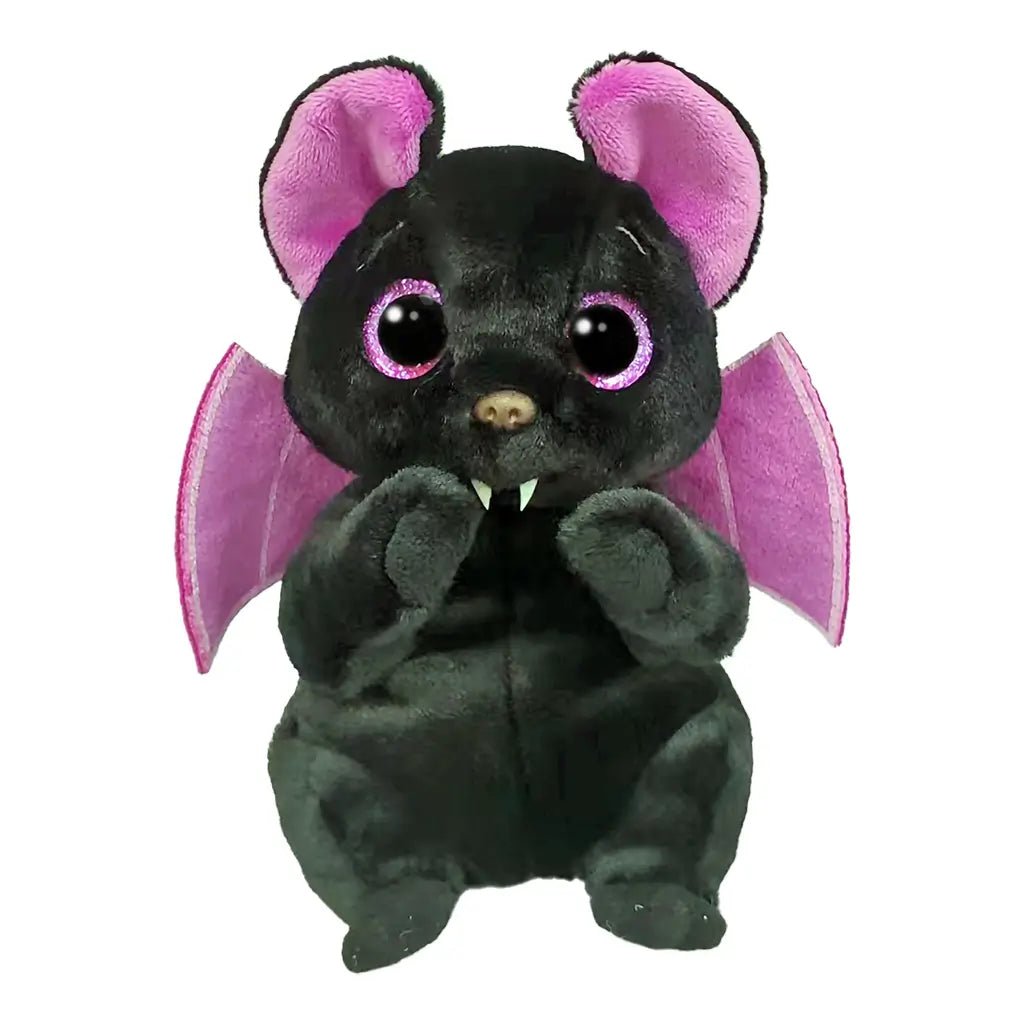 Plush toy bat in soft black fabric with bright pink inner ears, sparkling purple eyes, and light purple wings, designed for kids as a cuddly stuffed animal gift or collectible.