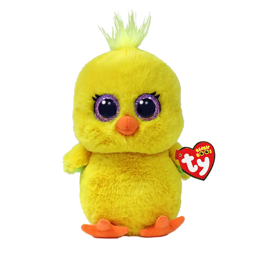 Ty Beanie Boos Chirps chick plush toy in bright yellow fuzzy fabric with round soft body shape, featuring large purple glitter eyes, small orange beak and feet, and tufted head detail on a clean white background.