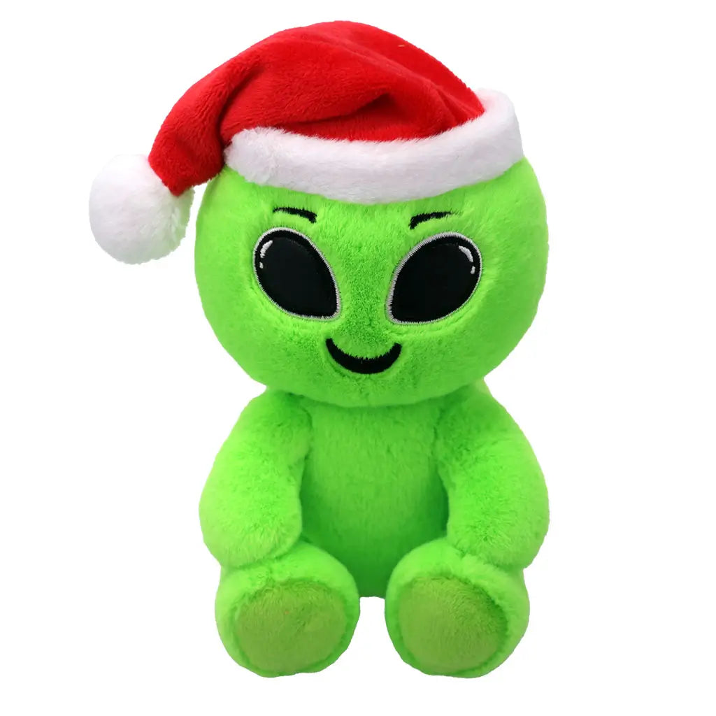 Bright green alien plush toy with large black oval eyes, stitched smile, and a red Santa hat with white trim and pom-pom, designed as a festive Ty Beanie Boos collectible for Christmas fun.