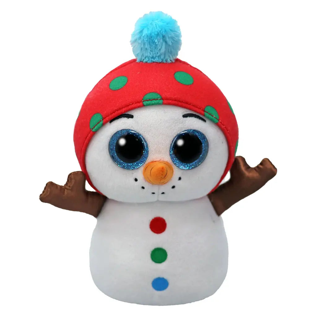 Plush snowman toy with white fabric body, bright blue glitter eyes, orange carrot nose, red polka-dot hat with blue pom-pom, stick arms, and colorful buttons, designed as a festive Ty Beanie Boos collectible.