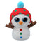 Plush snowman toy with white fabric body, bright blue glitter eyes, orange carrot nose, red polka-dot hat with blue pom-pom, stick arms, and colorful buttons, designed as a festive Ty Beanie Boos collectible.