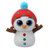 Plush snowman toy with white fabric body, bright blue glitter eyes, orange carrot nose, red polka-dot hat with blue pom-pom, stick arms, and colorful buttons, designed as a festive Ty Beanie Boos collectible.