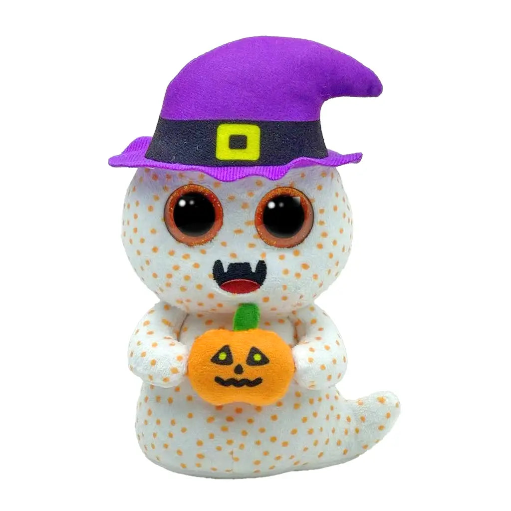 White ghost plush toy with orange polka dots, sparkling orange eyes, purple witch hat with yellow buckle, and holding a smiling pumpkin, designed as a festive Ty Beanie Boos collectible named Flicker.