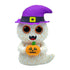 White ghost plush toy with orange polka dots, sparkling orange eyes, purple witch hat with yellow buckle, and holding a smiling pumpkin, designed as a festive Ty Beanie Boos collectible named Flicker.