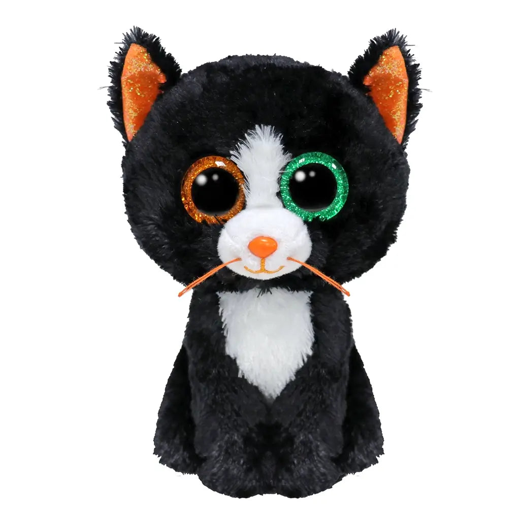 Black and white cat plush toy with glittery orange and green eyes, orange nose and whiskers, white chest patch, and sparkly orange inner ears, designed as a Ty Beanie Boos collectible.