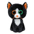 Black and white cat plush toy with glittery orange and green eyes, orange nose and whiskers, white chest patch, and sparkly orange inner ears, designed as a Ty Beanie Boos collectible.