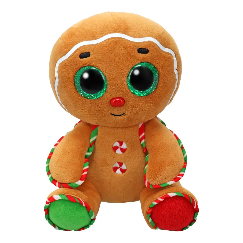 Brown gingerbread man plush toy with glittery green eyes, red nose, candy cane striped trim, and peppermint button details, designed as a festive Ty Beanie Boos holiday collectible.