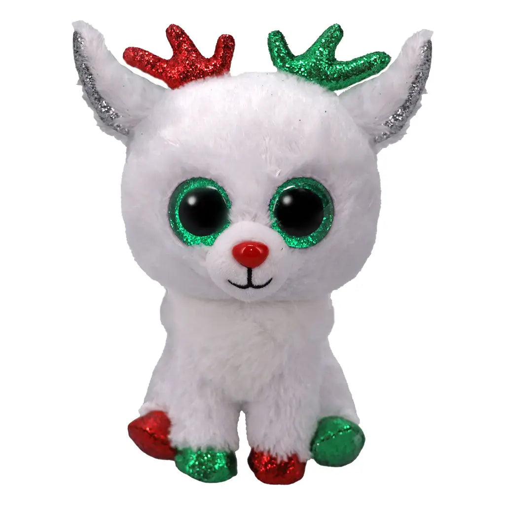 White reindeer plush toy with glittery red and green antlers, sparkly hooves, large green eyes, and a red nose, designed as a festive Ty Beanie Boos collectible for Christmas.
