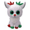 White reindeer plush toy with glittery red and green antlers, sparkly hooves, large green eyes, and a red nose, designed as a festive Ty Beanie Boos collectible for Christmas.