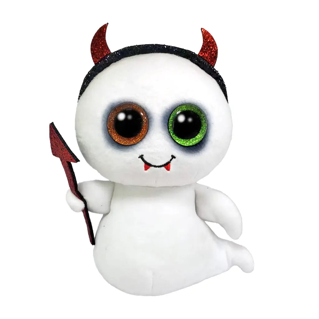 White ghost plush toy with glittery red devil horns, mismatched green and orange glitter eyes, tiny fangs, and a red pitchfork, designed as a spooky Ty Beanie Boos collectible named Tricky.