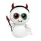 White ghost plush toy with glittery red devil horns, mismatched green and orange glitter eyes, tiny fangs, and a red pitchfork, designed as a spooky Ty Beanie Boos collectible named Tricky.