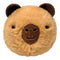 Capybara plush toy shown in soft tan faux fur with a round shape, smooth brown fabric nose, simple embroidered facial details, and dark ears, displayed against a clean white background.