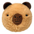 Capybara plush toy shown in soft tan faux fur with a round shape, smooth brown fabric nose, simple embroidered facial details, and dark ears, displayed against a clean white background.