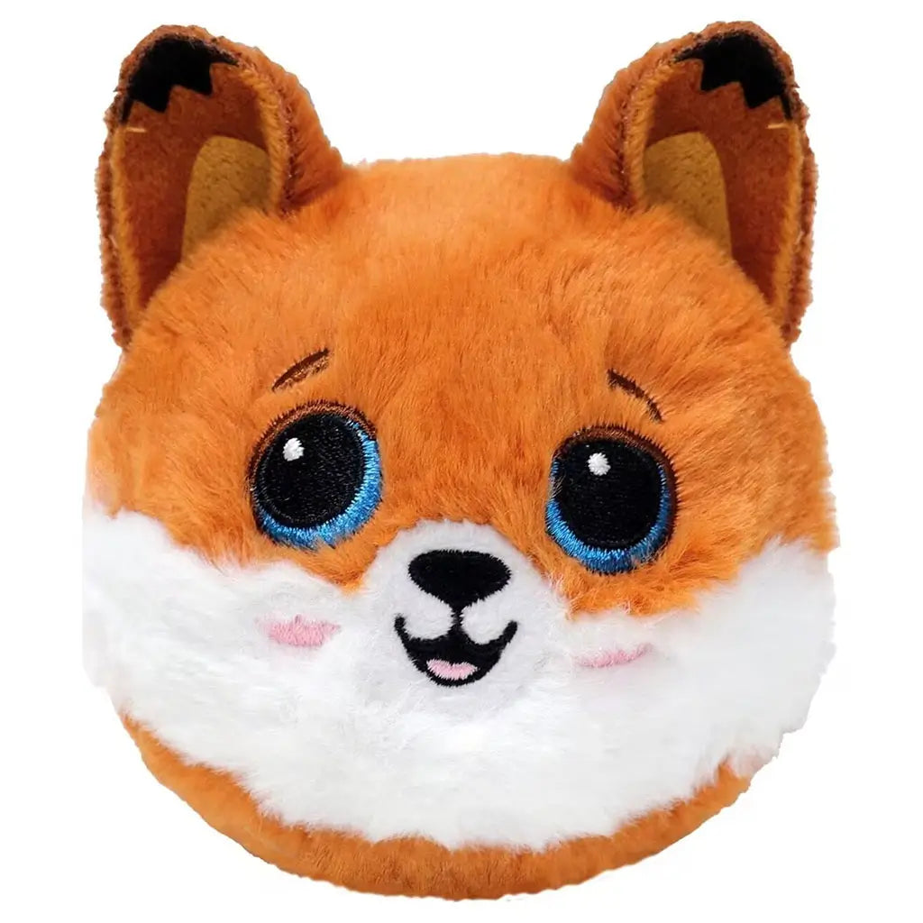 Plush fox toy with bright orange fur, soft fuzzy texture, round compact shape, smiling face with large blue embroidered eyes and white muzzle, shown against a clean white background.