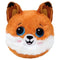 Plush fox toy with bright orange fur, soft fuzzy texture, round compact shape, smiling face with large blue embroidered eyes and white muzzle, shown against a clean white background.