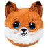 Plush fox toy with bright orange fur, soft fuzzy texture, round compact shape, smiling face with large blue embroidered eyes and white muzzle, shown against a clean white background.