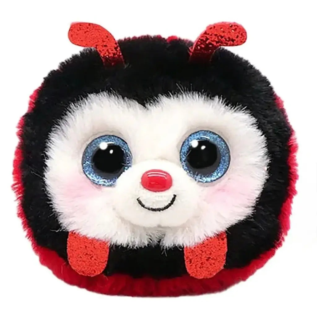 TY Beanie Bouncer plush toy of Buggie the Ladybug, featuring soft black and red fur, large blue glittery eyes, a smiling white face, and sparkly red antennae and feet, designed for cuddly play.