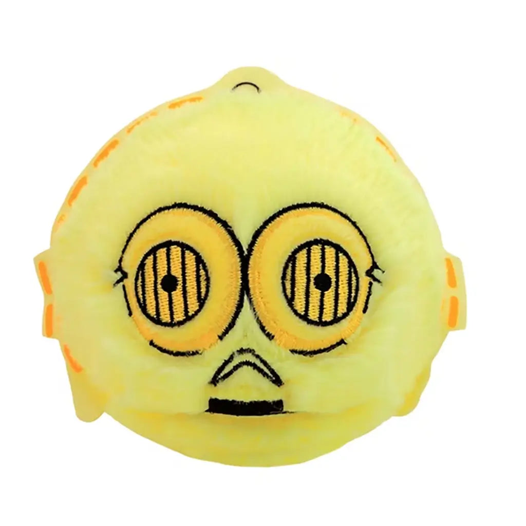Star Wars plush C-3PO toy with bright yellow faux-fur texture and rounded head shape featuring embroidered striped eyes and small mouth, shown against a plain white background for product detail.