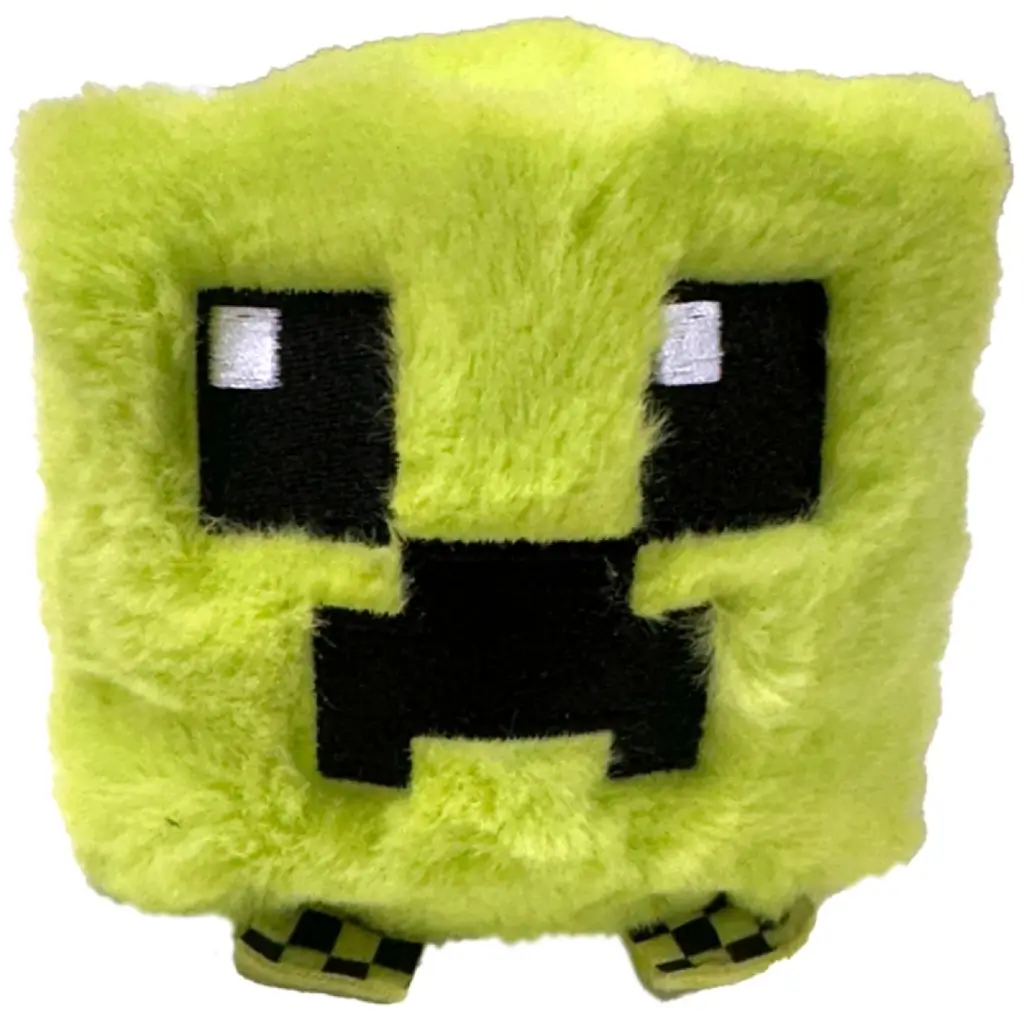 TY Beanie Bouncer Creeper plush features bright lime green fuzzy fabric, square block-shaped body, pixel-style black and white embroidered eyes, iconic creeper face pattern, small stitched feet, and compact bouncy toy design on a clean white background.