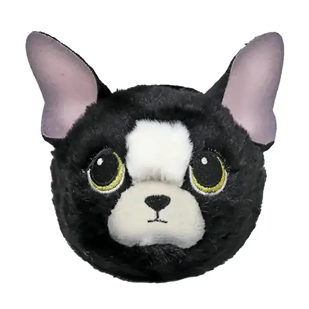 Plush dog toy with soft black fur, velvety texture, rounded head shape, expressive green eyes and tall pink-lined ears, designed as a cute decorative accessory against a plain white background.