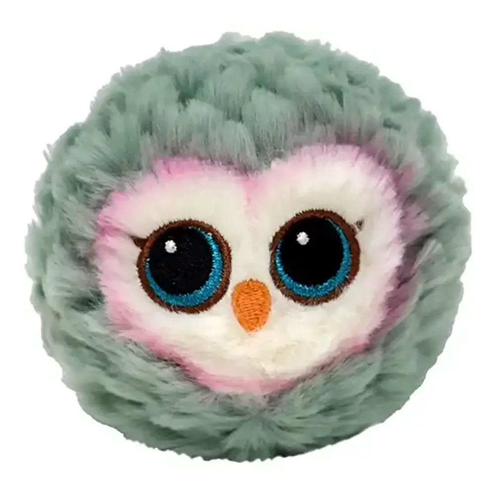 TY Beanie Bouncer Feathers plush owl features soft mint green fuzzy fabric, round ball-shaped body, white and pink face panel, large blue glitter eyes, small orange beak, and cuddly toy design on a clean white background.