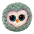 TY Beanie Bouncer Feathers plush owl features soft mint green fuzzy fabric, round ball-shaped body, white and pink face panel, large blue glitter eyes, small orange beak, and cuddly toy design on a clean white background.