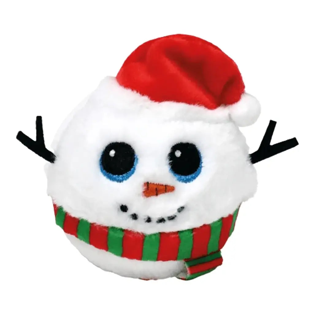 TY Beanie Bouncer plush toy of Jack the Snowman, featuring fluffy white fabric, black button eyes, a red Santa hat, striped red and green scarf, and stick-like black arms in a festive winter theme.