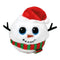 TY Beanie Bouncer plush toy of Jack the Snowman, featuring fluffy white fabric, black button eyes, a red Santa hat, striped red and green scarf, and stick-like black arms in a festive winter theme.