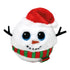 TY Beanie Bouncer plush toy of Jack the Snowman, featuring fluffy white fabric, black button eyes, a red Santa hat, striped red and green scarf, and stick-like black arms in a festive winter theme.