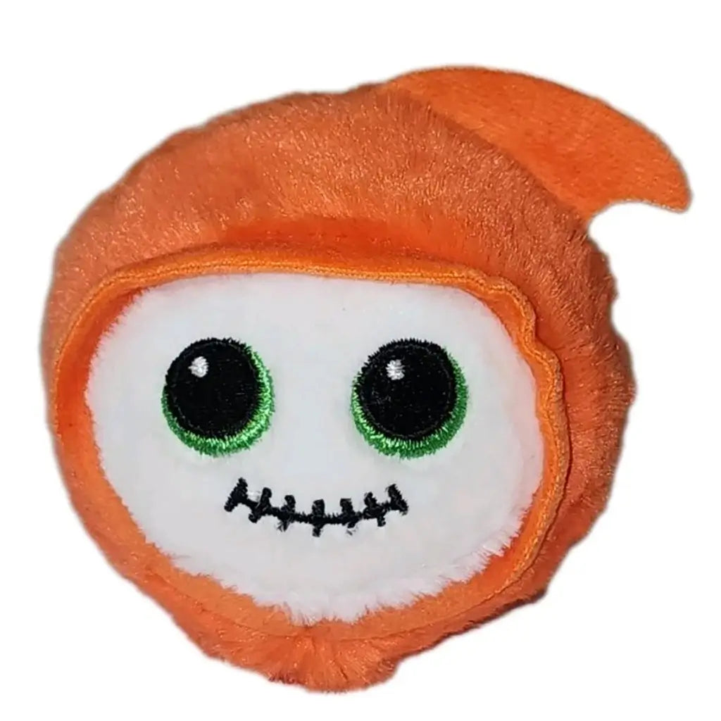 TY Beanie Bouncer plush toy of Jacob the Orange Ghoul, featuring a round ghostly face with bright green embroidered eyes, stitched black smile, and a soft orange hooded body perfect for Halloween décor.
