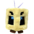TY Beanie Bouncer Minecraft Bee plush features soft yellow fuzzy fabric, square block-shaped body, pixel-style black eyes with blue highlights, small stitched wings on top, brown stitched feet, and a compact bouncy toy design on a clean white background.