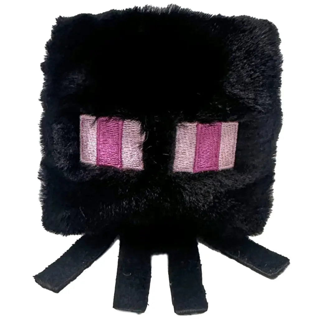 Minecraft Ender Dragon plush toy by Ty Beanie Bouncers, featuring soft black fuzzy fabric, a cube-shaped body, pink and purple embroidered square eyes, short dangling legs, and a minimalist pixel-style design on a clean white background.