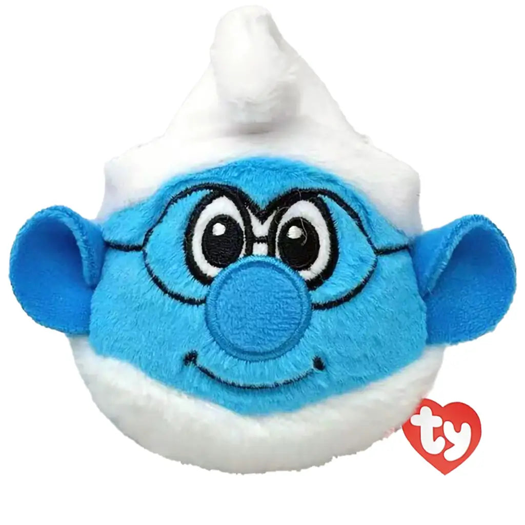 TY Brainy Smurf plush toy in bright blue fuzzy fabric has a round face, black glasses, large ears, and a soft white hat and beard, displayed on a plain white background.