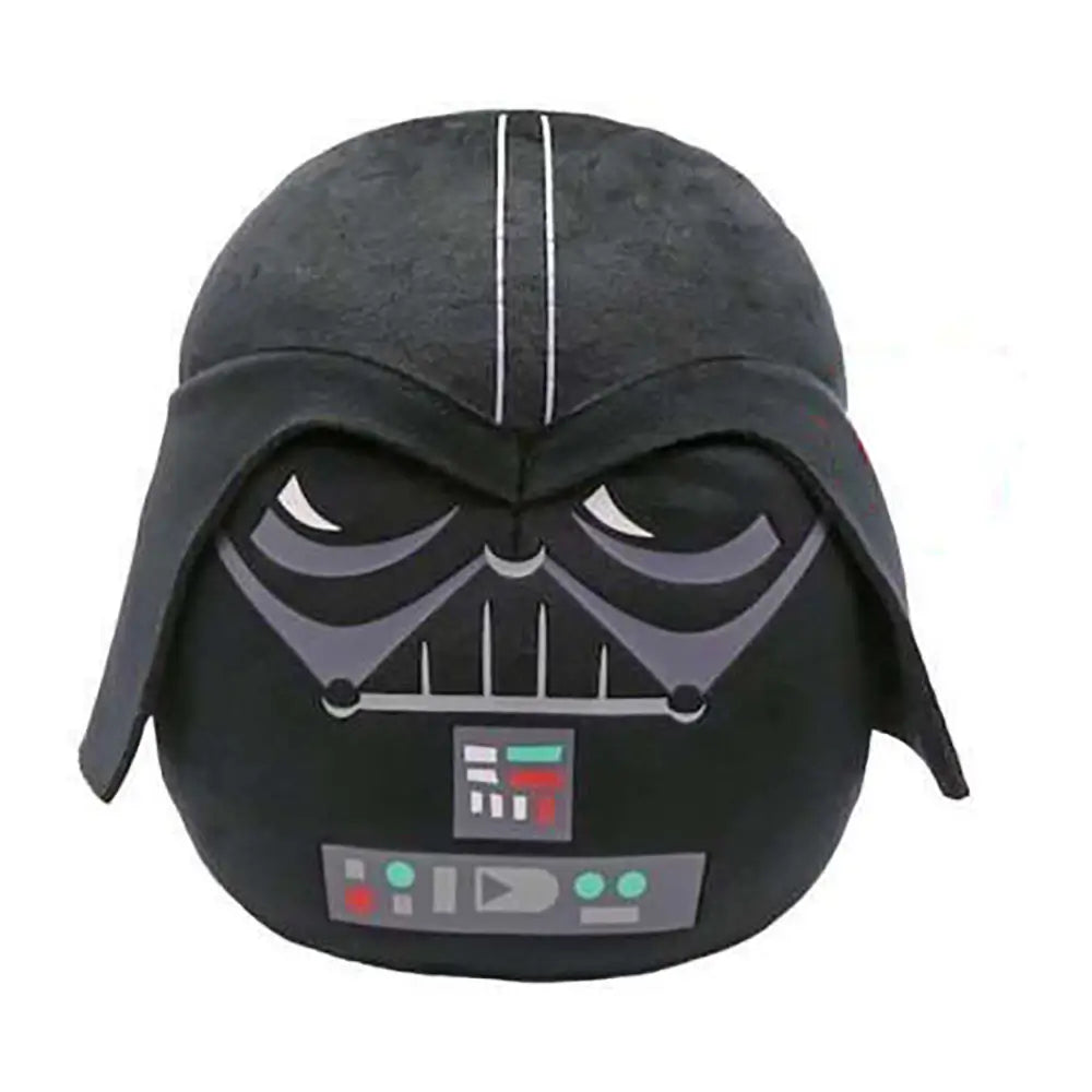 Star Wars Darth Vader plush in smooth black fabric with soft rounded shape, stylized helmet graphics, gray control-panel details, and a small red Ty tag, shown against a plain white background.