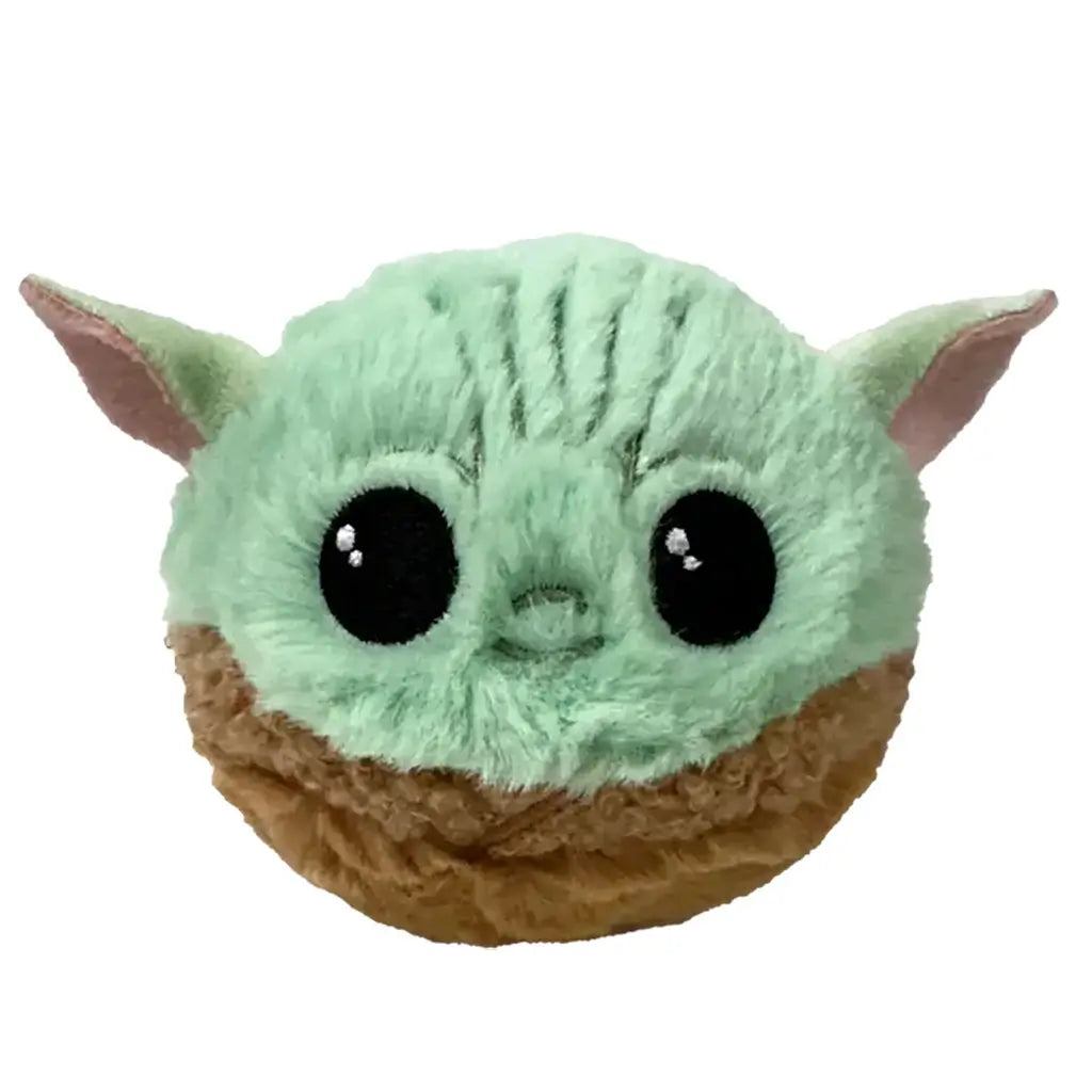 Star Wars Grogu plush by Ty shows soft mint-green and brown fuzzy fabric forming a round figure with large black embroidered eyes, subtle forehead creases, and wide ears presented against a clean white background.