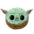 Star Wars Grogu plush by Ty shows soft mint-green and brown fuzzy fabric forming a round figure with large black embroidered eyes, subtle forehead creases, and wide ears presented against a clean white background.