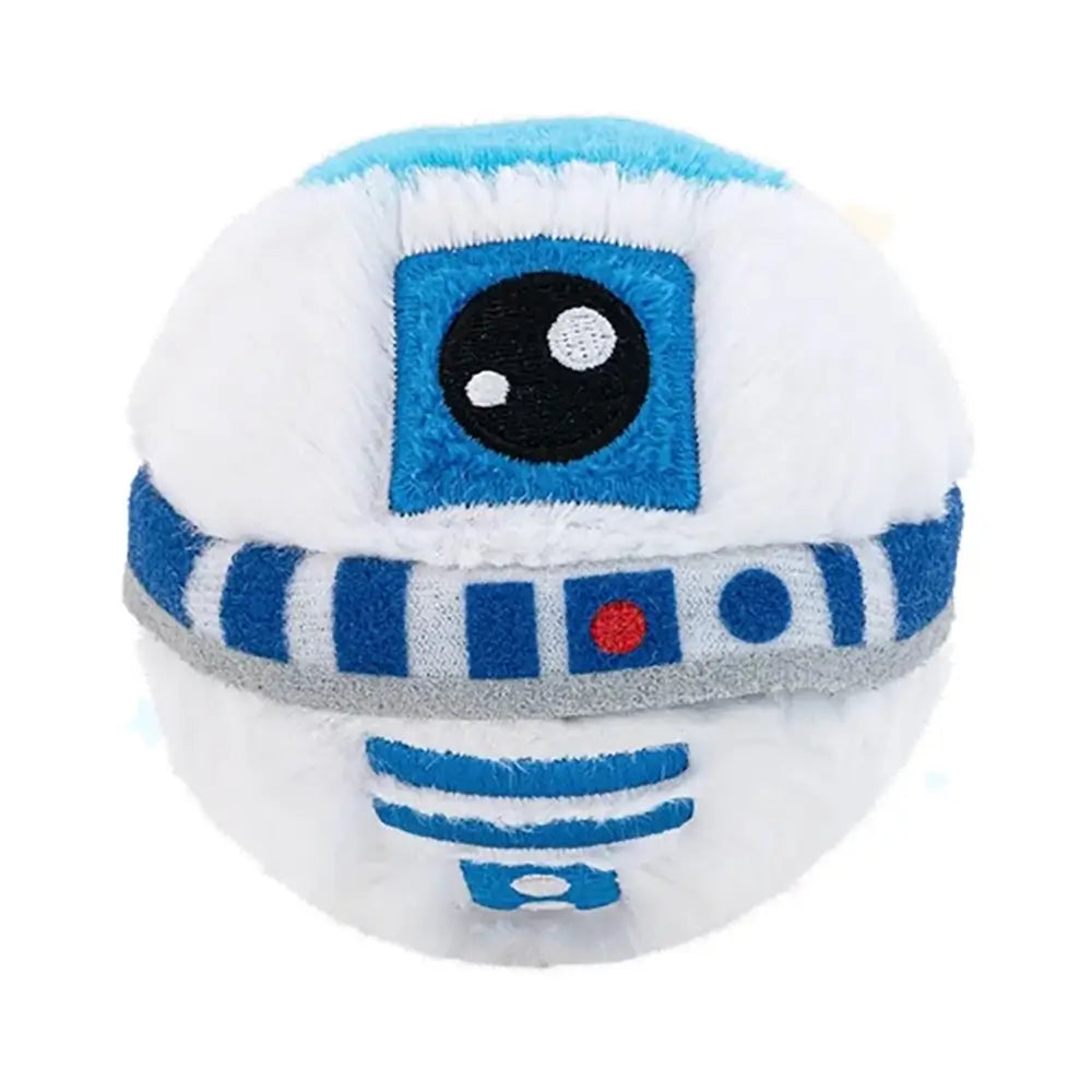Star Wars plush R2-D2 toy in soft white and blue fabric appears as a round, fuzzy sphere with an embroidered black lens, blue panel accents, and simple droid markings set against a plain background.