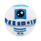 Star Wars plush R2-D2 toy in soft white and blue fabric appears as a round, fuzzy sphere with an embroidered black lens, blue panel accents, and simple droid markings set against a plain background.